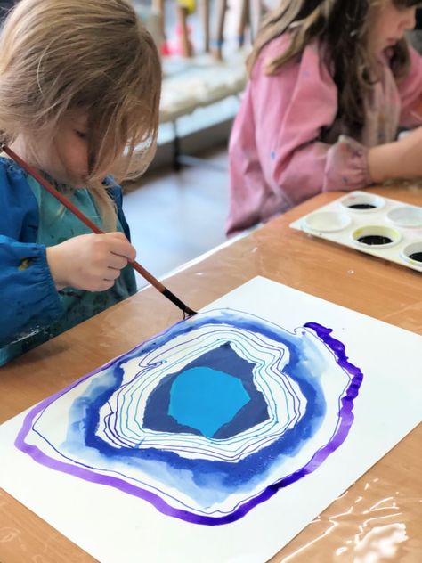 Art With Gemstones, Geode Crafts, Watercolor Activities, Painting Activities For Kids, Rocks Watercolor, Kids Painting Activities, Watercolor Geode, Geology Art, Artful Parent