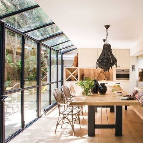 Glass Wall Between Kitchen And Living, Glass Kitchen Ceiling, Glass Wall In Kitchen, Glass Kitchen Extension, Dining Room With French Doors To Patio, Sunroom Extension, Conservatory Extension, Conservatory Kitchen, Garden Room Extensions