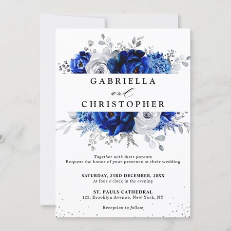 Royal Blue White Metallic Silver Floral Wedding Invitation Size: 5" x 7". Gender: unisex. Age Group: adult. Material: Semi-Gloss. Bouquet Royal Blue, Wedding Celebration Invitation, Wedding Eucalyptus, Flowers Template, Rose Simple, Unique Monogram, Botanical Vintage, Lilac Wedding, Floral Save The Dates