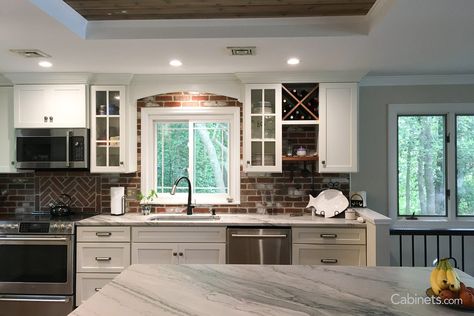 Alabaster Cabinets, Creative Layout, Kitchen Refresh, Brick Walls, Remodeling Ideas, Rustic Kitchen, Brick Wall, Old House, New Kitchen