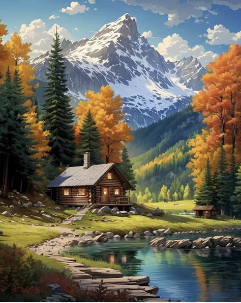 Mountain Oil Painting, Diamond Art Painting Kits, Cabin In The Mountains, Mountain Painting, Gem Art, Image Nature, Diamond Art Painting, Gems Art, Diamond Painting Kits