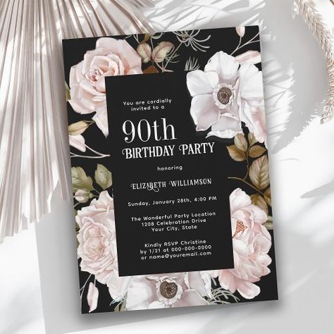 $1.98 | Feminine Watercolor Floral 90th Birthday Party #90th birthday party for her, woman's ninetieth birthday, beautiful floral birthday bouquet, stylish chic, winter ice pink roses, watercolor floral botanical, adult birthday, ninety 90 any age, milestone birthday party, feminine pink black green 90th Birthday Party Invitations, 90th Birthday Party, Feminine Watercolor, 60th Birthday Party Invitations, Surprise Birthday Invitations, 70th Birthday Invitations, Sixtieth Birthday, Floral Birthday Invitations, Milestone Birthday Party