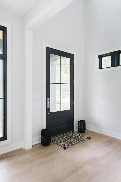 White Walls Charcoal Doors, Ebony Floors, Dallas House, Black Interior Doors, Door Paint Colors, Farmhouse House, Paint Colour, Wall Paint Colors, Farmhouse Interior