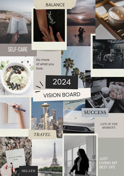 2024 Vision Board. Download, Resize, re-edit, add any photos of your own if you want too! Easy edit on Canva. Vision Board New Year, Vision Board Assignment, Vision Board Ideas Examples, Manifestation Vision Board, Vision Board Themes, Creative Vision Boards, Vision Boarding, Vision Board Collage, 2024 Wallpaper