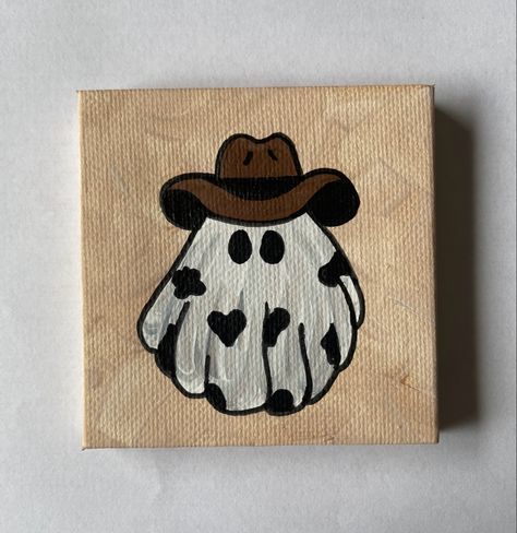 Simple Cowboy Paintings, Cowboy Ghost Painting, Halloween Mini Canvas Paintings, Cute Easy Halloween Paintings, Panting Photo Ideas Easy, Western Painting Ideas On Canvas, Western Painting Ideas Easy, Simple Halloween Paintings, Western Painting Canvas