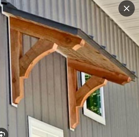 Timber Frame Awning, House With Awnings On Windows, Window Awnings Exterior Diy Wood, Cedar Window Awnings, Eyebrow Portico, Door Overhang Ideas Exterior, Window Pergola Ideas, Barn Window Ideas, Window Awnings Exterior Diy