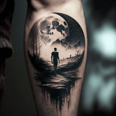 Moon On Arm Tattoo, Moon Tattoo Realistic, Reflection Tattoo, Realistic Moon Tattoo, Positivity Tattoo, Indian Feather Tattoos, Sky Tattoos, Full Moon Tattoo, Cool Nature