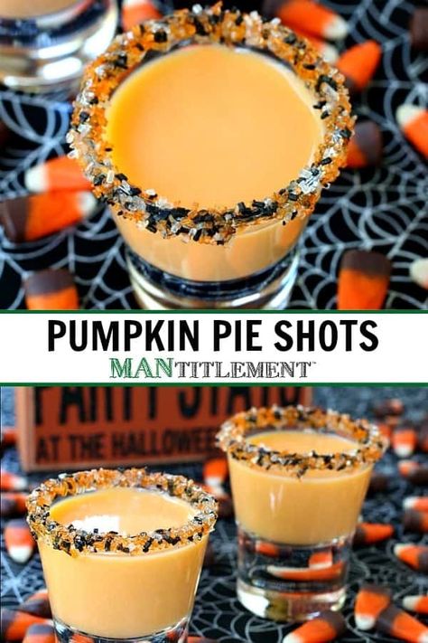 Halloween Party Shots, Pumpkin Pie Shots, Pumpkin Pie Drink, Halloween Alcohol, Fun Halloween Desserts, Halloween Shots, Halloween Party Drinks, Halloween Drinks Alcohol, Dessert Shots