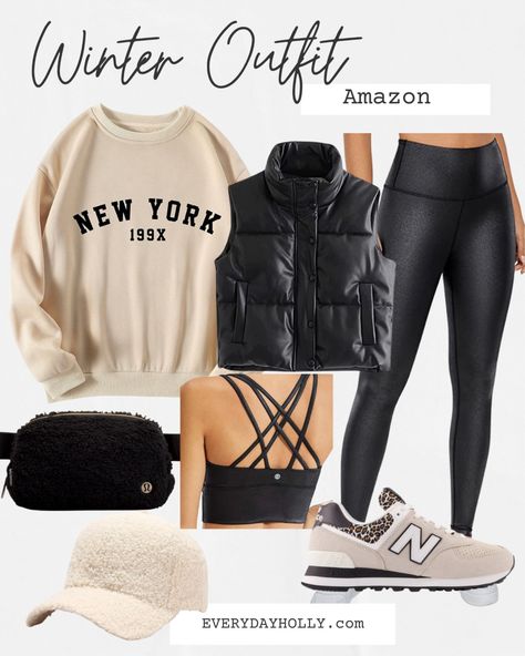 Fall Outfit Vest Women, New York Sweatshirt Outfit, Cropped Leather Puffer Vest Outfit, Cropped Puffer Vest Outfit Leggings, Sporting Event Outfit Winter, Faux Leather Puffer Vest Outfit, Amazon Athleisure Outfits, Sweatshirt And Vest Outfit, Outfits For New York Winter