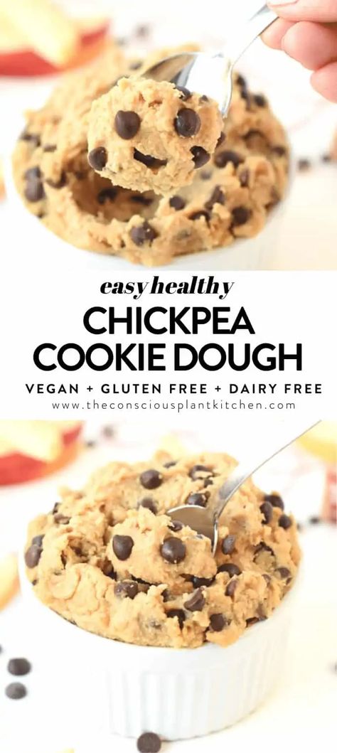 Chickpea Cookie Dough Dip, Vegan Cookie Dough Recipe, Vegan Protein Snacks, Cookie Dough Vegan, Ella Vegan, Healthy Vegan Dessert, Chickpea Cookie Dough, Chickpea Cookies, No Bake Cookie