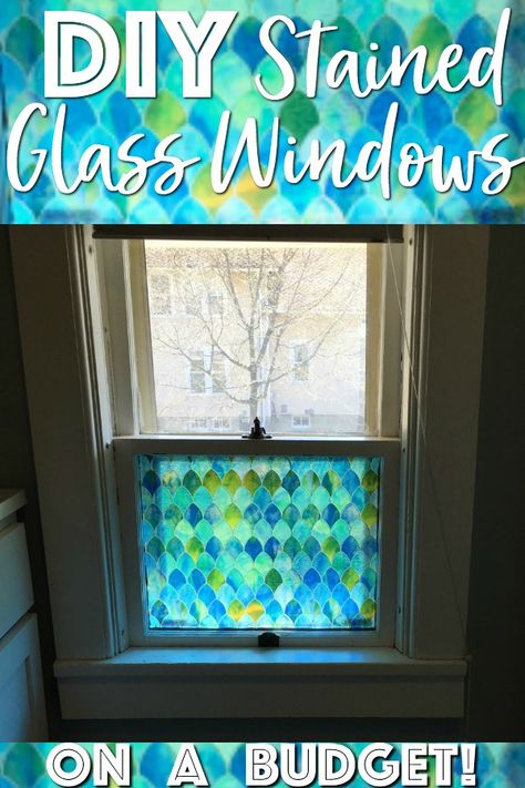 DIY Stained Glass Windows on a budget! Add stunning flare and privacy to your home with this easy DIY Stained Glass Windows project on a tight budget! Mercury Glass Lamp, Diy Stained Glass Window, Diy Staining, Glass Window Film, Glass Lamp Base, Stained Glass Window Film, Ceramic Tile Coaster, Hells Kitchen, Glass Diy