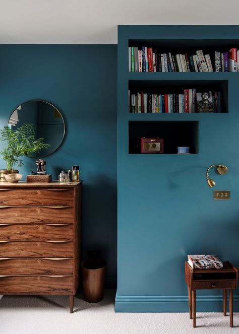 Farrow & Ball Sloe Blue no. 87 Wimborne White, Modern Family Home, Inchyra Blue, Stiffkey Blue, Oval Room Blue, Blue Accent Walls, Inside Cabinets, Colour Consultant, Chimney Breast