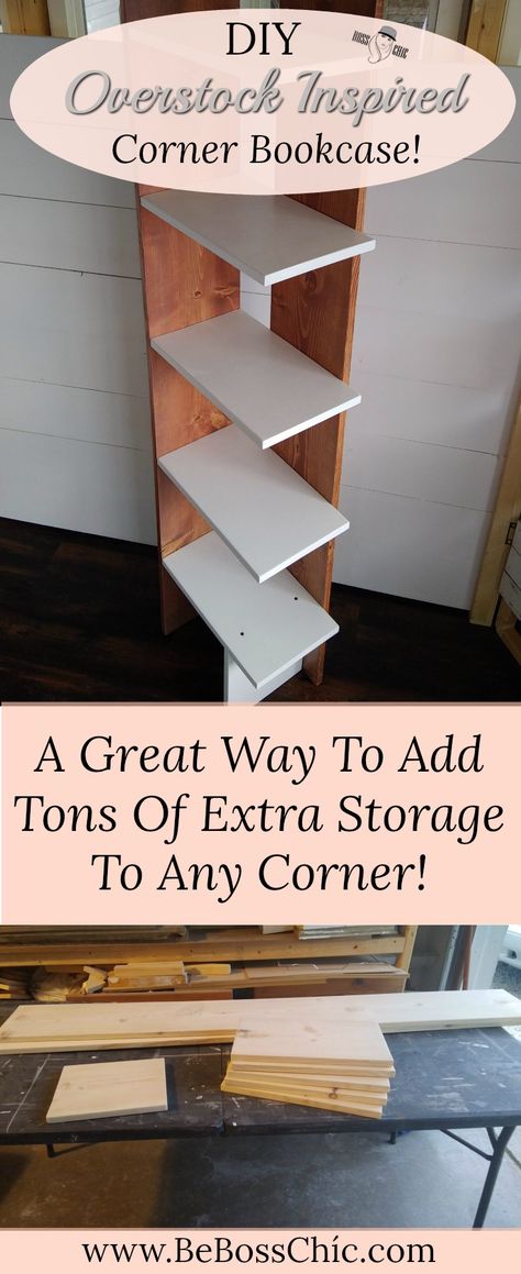 A Great Way To Add Tons Of Extra Storage, Find out how to build this simple DIY Corner Bookcase! #HomeDecor #DIYFurniture #DIYBookcase #Interiorstyle Decorate Empty Wall, Diy Corner Shelves, Diy Corner Shelf, Bookcase Plans, Bookcase Diy, Diy Wall Shelves, Bookshelf Design, Simple Furniture, Home Decoration Ideas