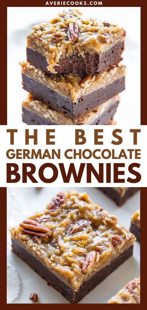 The Best German Chocolate Brownies — Rich, ultra fudgy brownies topped with the best German chocolate frosting!! Sinfully delicious! Easy, no-mixer recipe that's an automatic hit with everyone!! German Chocolate Frosting, German Chocolate Brownies, Cake Brownie, Averie Cooks, Brownies Chocolate, Brownie Toppings, German Chocolate, Fudgy Brownies, Chocolate Frosting