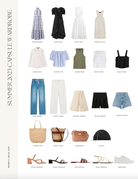 THE SUMMER 2023 CAPSULE WARDROBE - Merritt Beck Minimalist Fashion Summer, Minimalist Wardrobe Capsule, Capsule Wardrobe Casual, Timeless Outfits, Travel Clothes Women, Summer Capsule Wardrobe, Crochet Mini Dress, Embroidered Maxi Dress, Fashion Capsule