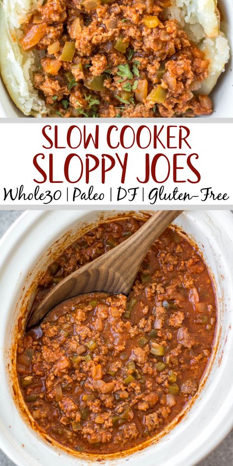 This easy recipe for slow cooker sloppy joes is so simple, but so full of the flavors we know and love! It's perfect for meal prep, easy weeknight meals, family gatherings or football parties, and so much more. The best is that it's Whole30, paleo, gluten-free, and made without sugar so everyone can enjoy! Cooking in the slow cooker makes it great for guests to serve themselves, or to bring to a potluck, and it's a budget friendly ground beef recipe that will be a family favorite! #... Slower Cooker Meal Prep, Easy Gluten Free Crockpot Meals, Dairy Free Crockpot Meals, Gluten Free Sloppy Joes, Sloppy Joe Recipe Crock Pot, Ground Beef Paleo Recipes, Whole 30 Crockpot Recipes, Ground Beef Crockpot Recipes, Paleo Slow Cooker Recipes