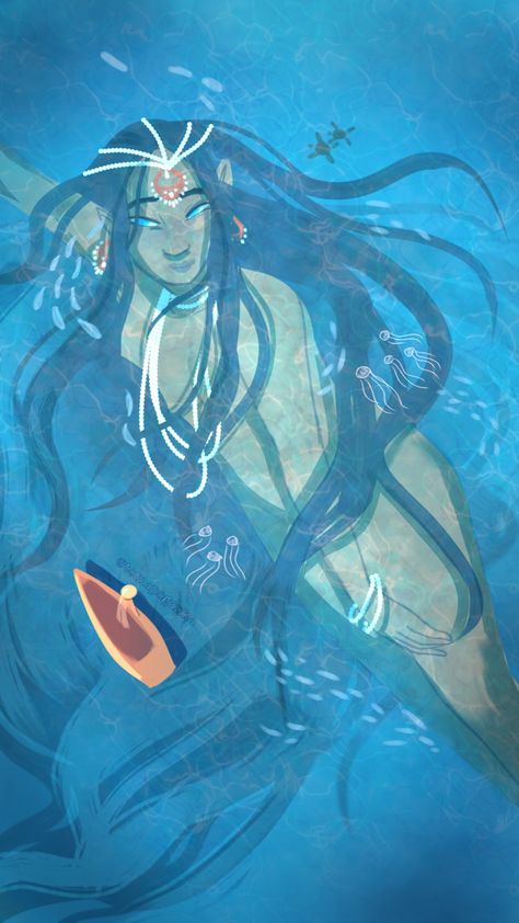 fantasy art original character oc Mythology Oc Art, Goddess Of The Sea Art, Demi God Oc, Ocean Deity, Sea Angel Oc, Sun God Character Design, Ocean Goddess Art, Sea Goddess Art, Water Character Design