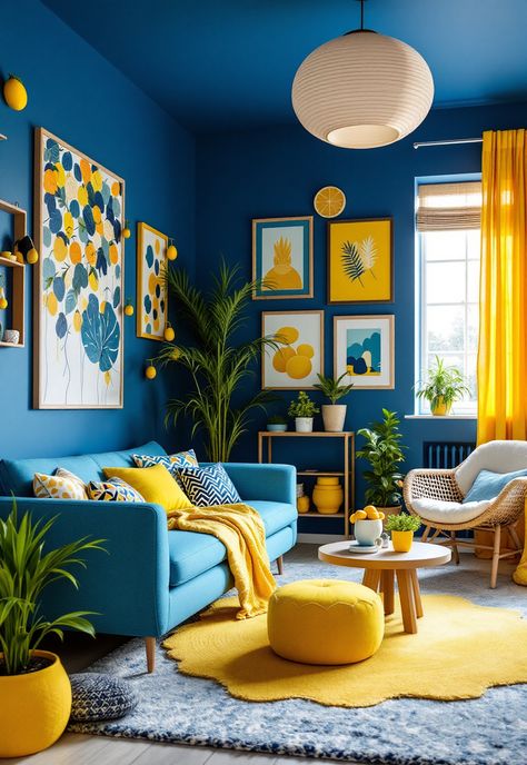 Blue and Yellow Boho Decor Blue Yellow Office, Navy Blue And Yellow Living Room Decor, Yellow And Blue Living Room, Yellow Living Room Colors, Blue And Mustard Living Room, Yellow And Blue Wallpaper, Yellow Living Room Ideas, Mustard Living Rooms, Blue And Yellow Living Room