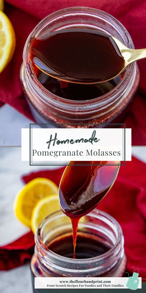 a jar of pomegranate molasses being scooped and drizzled with a gold spoon. Pomegranate Molasses Recipe, Molasses Recipes, Condiment Recipes, Marinade Sauce, Pomegranate Molasses, Savory Sauce, Dessert Sauces, Meals In A Jar, Savory Recipes