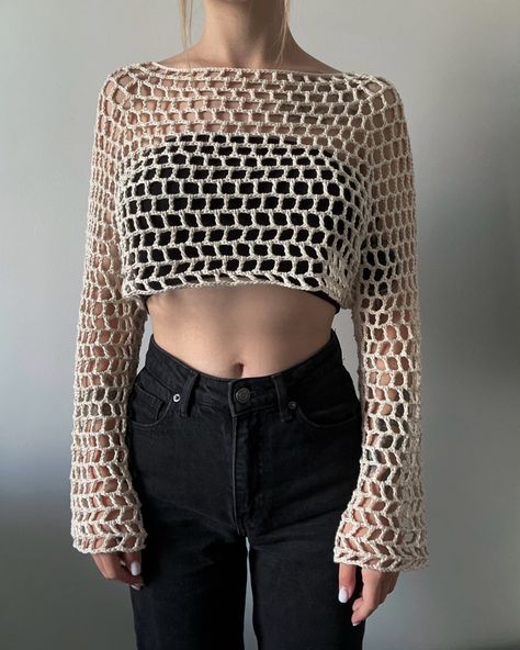 See Through Crochet Knit Y2k fishnet Top Tie Front Top Pattern, Shrug Sleeves, Crochet Long Sleeve Tops, Knitting Amigurumi, Tops Pattern, Crochet Boho Bag, Crochet Top Outfit, Mesh Cardigan, Crochet Aesthetic