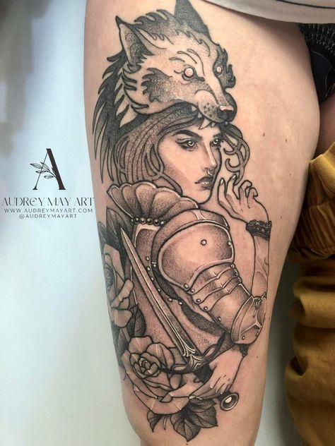 Badass feminine lady knight with sword, florals and wolf thigh tattoo by Audrey May in Whistler, Canada, Whistler Tattoo Company Whistler Tattoo, Wolf Thigh Tattoo, Knight Woman, Canada Whistler, Wolf Knight, Lady Knight, May Art, Whistler Canada, Woman Tattoo