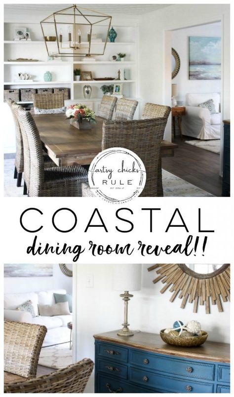 Coastal Dining Room, Coastal Style Decorating, Coastal Dining, Coastal Living Rooms, Beach Cottage Style, Rooms Reveal, Dining Room Lighting, Dining Room Design, Coastal Living