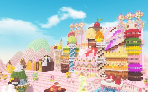 Sweets island Minecraft Map Candy Land Minecraft, Rainbow Minecraft Builds, Candy Minecraft, Island Minecraft, Minecraft Details, Maps Aesthetic, Free House Design, Love Minecraft, Minecraft Farm