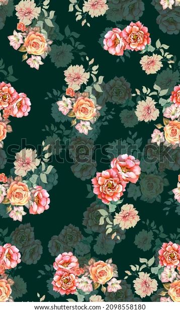 Digital Flower Pattern Beautiful Textile Design Stock Illustration 2098558180 | Shutterstock #Digital Flower Pattern Beautiful Textile Design Stock Illustration 2098558180 | Shutterstock #floral wallpaper # #background #wallpaper #images #Photos #Pictures #Illustrations #Vectors #Collections Textile Pattern Texture, Flower Pattern Design Prints, Digital Print Textiles, Flower Pattern Drawing, Kalamkari Painting, Digital Flower, Botanical Flower Art, Dark Green Background, Print Design Art