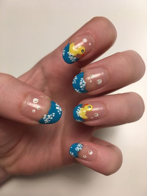 Duck and bath bubble nails Cute Ducks Nails, Rubber Duck Nail Art, Duck Design Nails, Rubber Duck Nails, Ducky Nails, Duck Nail Art, Duck Nails Design, Duck Makeup, Cute Duck Nails