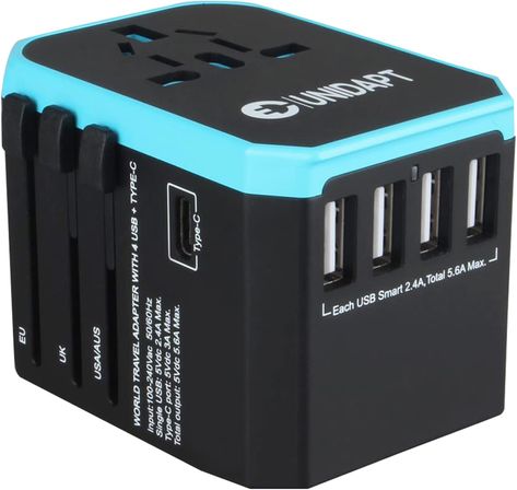 Universal Travel Adapter: Compact design with 5 USB ports (4 USB A, 1 Type C) for charging up to 6 devices simultaneously. Works in 160+ countries, supporting outlets in the US, UK, EU, Europe, Australia, and more. Not a voltage converter but compatible with dual voltage devices (100V to 250V). Intelligent safety system prevents overcharge and short circuits. Portable, cruise ship approved, and recommended by travel influencers. International Travel Adapter, Universal Plug Adapter, Outlet Extender, Universal Travel Adapter, Universal Adapter, Travel Charger, Travel Adapter, Wall Plug, Power Plug