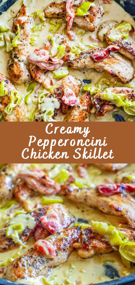 Creamy Pepperoncini Chicken Skillet | Cheff Recipes Crockpot Chicken Pepperoncini, Quick Easy Lunch Meal Prep, Chicken With Banana Peppers, Weeknight Skillet Dinners, Creamy Pepperoncini Chicken Skillet, Chicken With Pepperoncini, Chicken Tenderloins Dinner Ideas, Hot Pepper Chicken, Family Dinner Recipes Low Carb