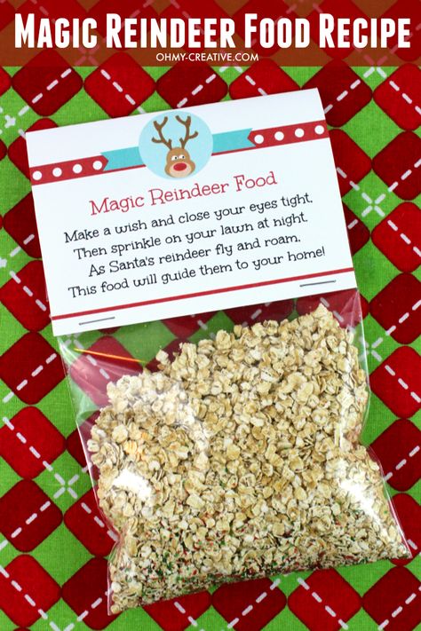 Help guide Santa's sleigh on Christmas Eve with this fun Magic Reindeer Food Recipe! Cool printable too! | OHMY-CREATIVE.COM Magic Reindeer Food Recipe, Magic Reindeer Food Poem, Reindeer Food Recipe, Reindeer Food Poem, Reindeer Food Label, Reindeer Food Printable, Reindeer Dust, Xmas Eve Boxes, Magic Reindeer Food