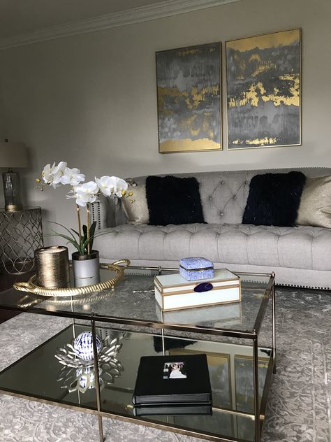 Grey Sofa Living Room Gold Accents, Black Gold Gray And White Living Room, Grey Black Gold Living Room Ideas, Grey Golden Living Room, Black Cream And Silver Living Room, Gray Silver And Gold Living Room, Grey Black Cream Gold Living Room, Black Brown Grey Gold Living Room, Grey And Golden Living Room