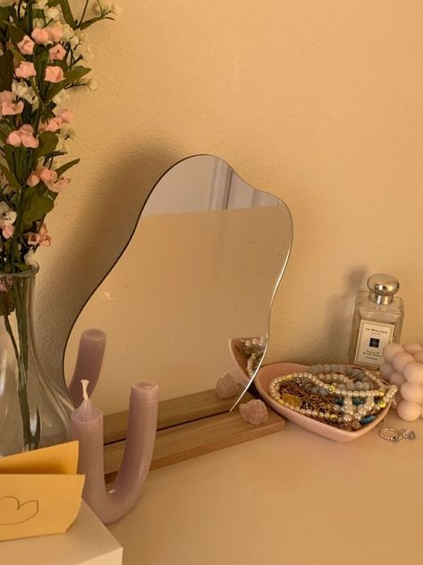 Pastel Danish Room, Aesthetic Vanity Mirror, Mirror For Desk, Danish Room, Aesthetic Vanity, Pastel Aesthetic Room, Danish Pastel Room, Pastel Bedroom, Irregular Mirror