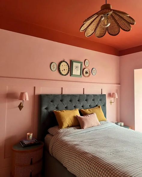 Colour Drenching, Hallway Panelling, Pink Bedroom Walls, Red Ceiling, Bedroom Transformation, Ceramic Kiln, Pastel Home Decor, Pink Bedrooms, Pastel Decor