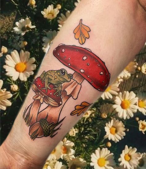 23 Mushroom Tattoos for Everyone in 2021 - Small Tattoos & Ideas Cottagecore Tattoo, Small Tattoos Ideas, Frog And Mushroom, Autumn Tattoo, Mushroom Tattoos, Frog Tattoos, Theme Tattoo, Tatuaje A Color, Fairy Tattoo