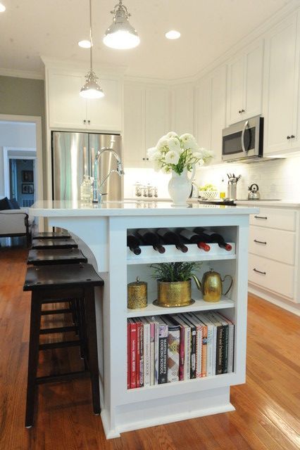 Open Shelf Island Storage, Island Wine Storage, Kitchen Peninsula With Bookcase, Bookshelves In Kitchen Island, Shelf At End Of Island, Island End Shelves, End Of Peninsula Ideas, Underneath Island Ideas, Kitchen Islands With Bookcase End