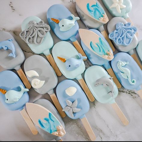 1st Birthday Cakesicles, Ocean Theme Cupcakes Kids, Under The Sea Desserts, Sea Themed Baby Shower Ideas, Under The Sea Dessert Table, Whale Baby Shower Cake, Sea Baby Shower Theme, Ocean Baby Shower Theme, Under The Sea Party Decorations