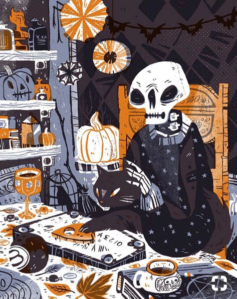 A Skeleton, Halloween Illustration, Art Et Illustration, Hallows Eve, Halloween Art, 그림 그리기, Vintage Halloween, Art Sketchbook, Fall Halloween