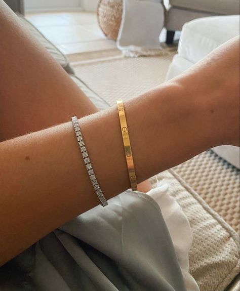 Gold Bracelet For Women Cartier, Cartier Santos Bracelet, Cartier Love Necklace Outfit, Cartier Love Bracelet With Tennis Bracelet, Cartier Small Love Bracelet, Cartier Bracelet Aesthetic, Cartier Gold Bracelet, Gold Bracelet Aesthetic, Gold Cartier Bracelet