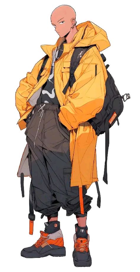 Baggy Hoodie Reference, Baggy Hoodie Drawing Reference, Baggy Jacket Drawing, Tech Wear Anime, Big Jacket Character Design, Big Jacket Drawing, Cyberpunk Outfit Drawing, Big Jacket Outfits, Hoodie Drawing Reference