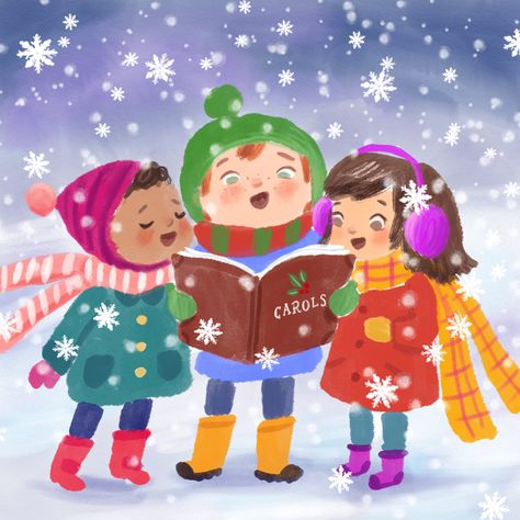 Kids caroling as snow falls Dot Day, Photoshop Painting, Christmas Town, Christmas Advent Calendar, Children's Picture Books, Dog Themed, My Favorite Image, Christmas Illustration, Christmas Countdown