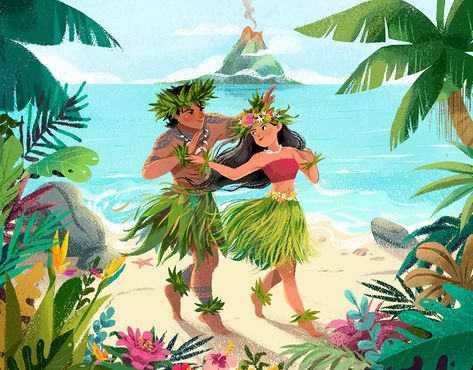 Dung Ho on Behance Luau Illustration, Beach People Illustration, Hawaiian Illustration, Volcano Goddess, Hawaiian Legends, Summer Illustrations, Outfits Drawing, Hawaii Art, Beach Illustration