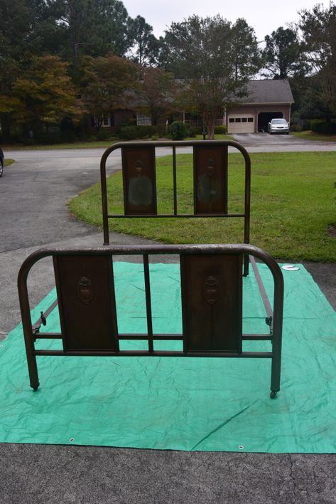 Antique Metal Bed Frame Repurposed, Repaint Metal Bed Frame, Vintage Metal Bed Frame Ideas, Spray Paint Metal Bed Frame, Metal Bed Frame Redo, Old Metal Bed Frame Ideas, Slow Burn Love, Antique Metal Bed, Painted Iron Beds