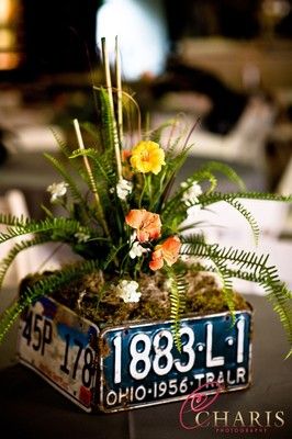 Ideas for a mechanic / automotive theme wedding! | Weddings, Planning, Do It Yourself, Style and Decor | Wedding Forums | WeddingWire Mechanics Wedding, Car Themed Wedding, Car Centerpieces, License Plate Crafts, Old License Plates, License Plate Art, Budget Bride, Auto Mechanic, Tafel Decor