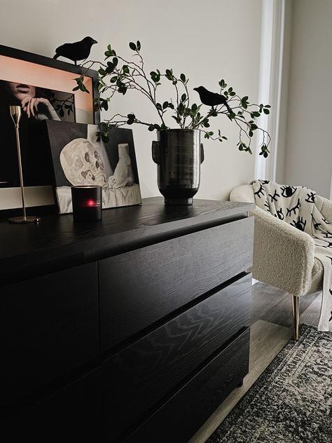 Ikea Dresser Styling, Black Ikea Bedroom Furniture, Malm Bedroom Ideas Black, Black Moody Dresser, Room With Black Furniture, Ikea Bedroom Malm Black, Ikea Malm Black Brown, Black Dresser Decor, Ikea Black