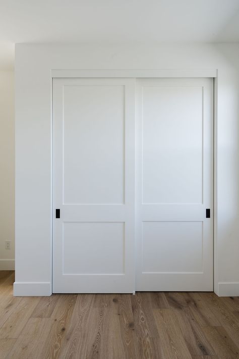 Two paneled closet doors. White walls, white oak floors, https://thedendesigngroup.com/san-jose-modern Oak Wardrobe Doors, White Oak Closet Doors, Paneled Wardrobe, Closet Doors Ideas Bedroom, Modern Bedroom Closet, Farmhouse Reno, Oak Wardrobe, White Closet, White Oak Floors