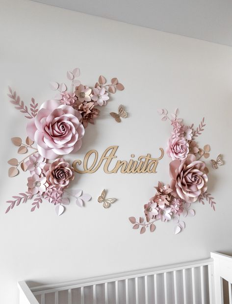 Blush Rose Gold paper flowers wall decor for baby girl nursery | Paper flower wall decor | Girls Nursery wall decor | Paper flowers backdrop Royal Paper, Paper Flowers Wall Decor, Paper Flowers Wall, Flowers Nursery, Wall Art Paper, Paper Flower Arrangements, Matt Lanter, Flowers Wall Decor, Rose Gold Paper