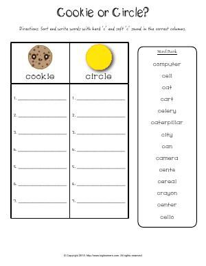 Worksheet | Cookie or Circle? | Sort and write words with hard ‘c’ and soft ‘c’ sound in the correct columns. Soft C Worksheets, First Grade English Worksheets, Main Idea Kindergarten, First Grade English, C Worksheet, Vowel Patterns, Kids Phonics, Safety Rules For Kids, Phonics Alphabet