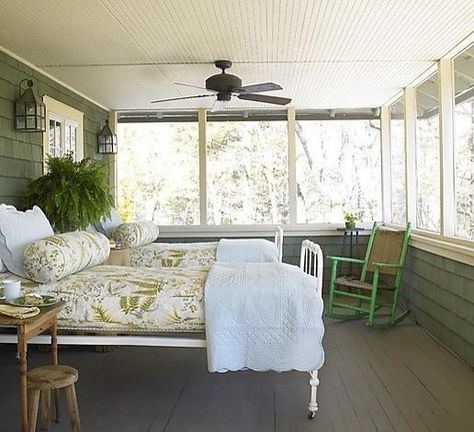 . Sleep Porch Ideas, Sunroom Modern, Tom Scheerer, Camp Cabin, Tin Decor, Summer Bed, Porch Life, Deer Camp, Cottage Decorating